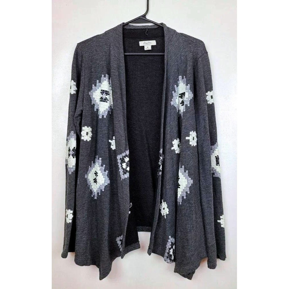 Lucky Brand Cardigan Sweater Womens Medium Gray Aztec Embroidered Open Boho